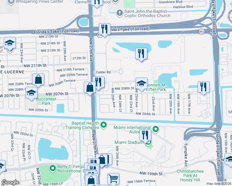 map of restaurants, bars, coffee shops, grocery stores, and more near 20730 Northwest 25th Avenue in Miami Gardens