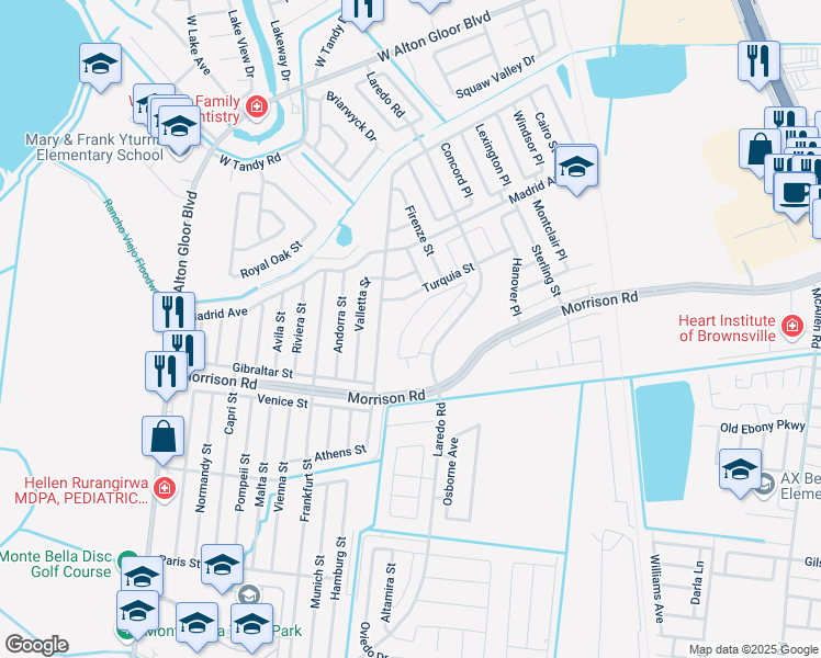 map of restaurants, bars, coffee shops, grocery stores, and more near 3224 Turquia Street in Brownsville