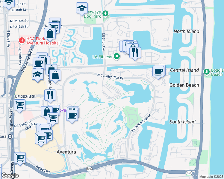 map of restaurants, bars, coffee shops, grocery stores, and more near 20355 Northeast 34th Court in Aventura