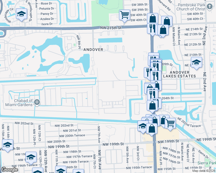 map of restaurants, bars, coffee shops, grocery stores, and more near 400-698 Northwest 207th Street in Miami Gardens