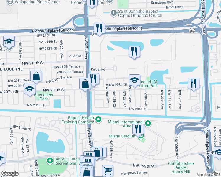 map of restaurants, bars, coffee shops, grocery stores, and more near 20730 Northwest 25th Avenue in Miami Gardens