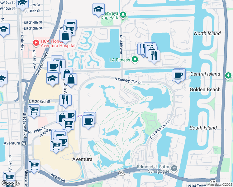 map of restaurants, bars, coffee shops, grocery stores, and more near 20466 Northeast 34th Court in Miami