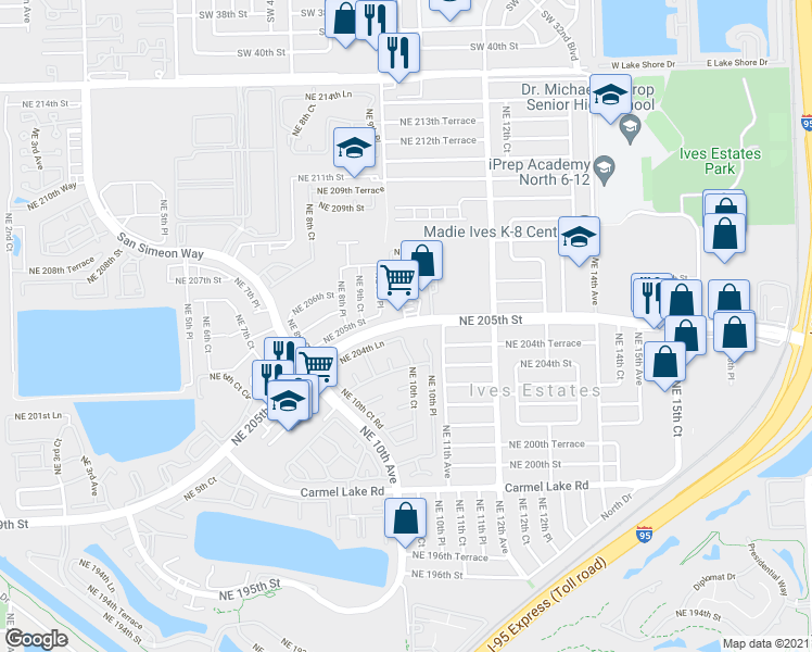 map of restaurants, bars, coffee shops, grocery stores, and more near 20507 Northeast 9th Place in Miami