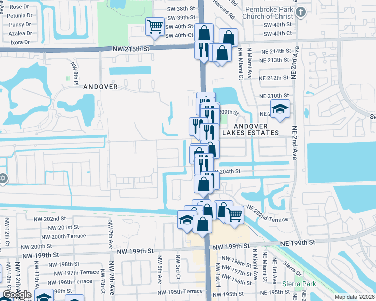map of restaurants, bars, coffee shops, grocery stores, and more near 20613 Northwest 3rd Avenue in Miami