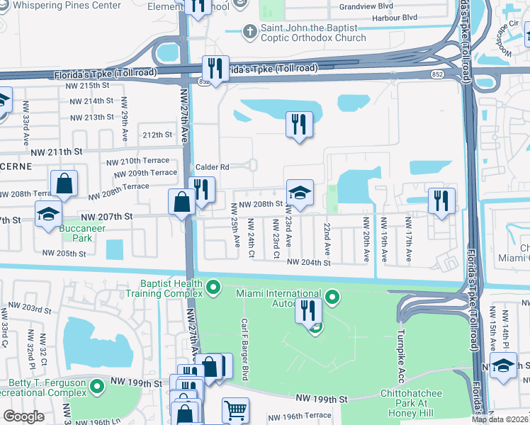 map of restaurants, bars, coffee shops, grocery stores, and more near 2410 Northwest 208th Street in Miami Gardens