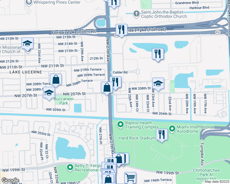 map of restaurants, bars, coffee shops, grocery stores, and more near 2601 Northwest 207th Street in Miami Gardens