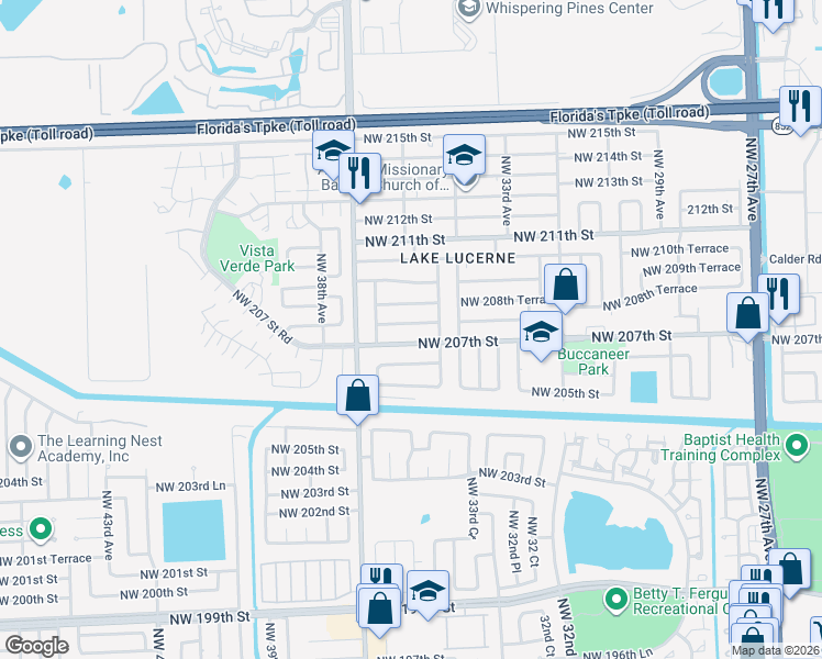 map of restaurants, bars, coffee shops, grocery stores, and more near 3501 Northwest 208th Street in Miami Gardens