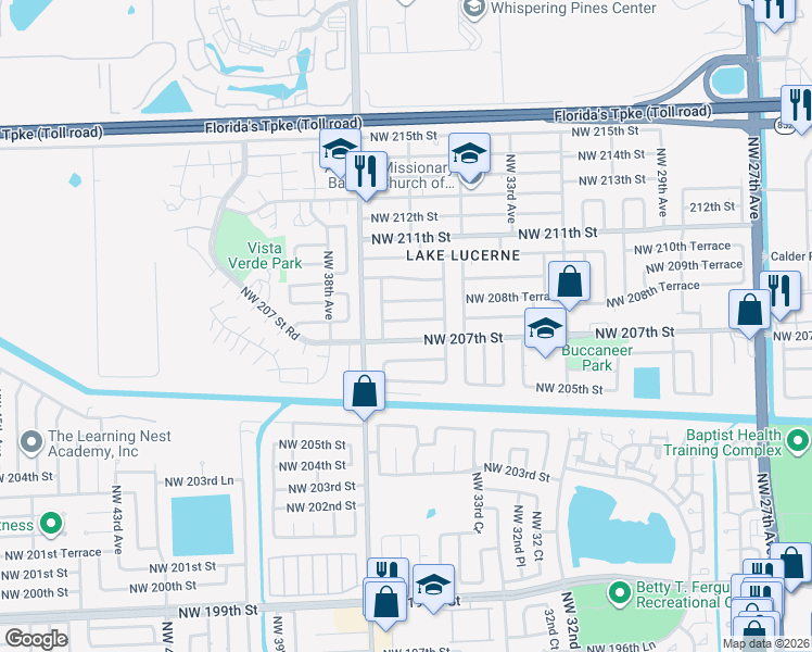 map of restaurants, bars, coffee shops, grocery stores, and more near 3501 Northwest 208th Street in Miami Gardens