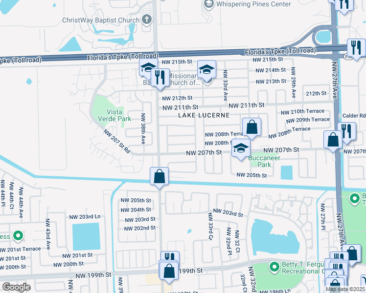 map of restaurants, bars, coffee shops, grocery stores, and more near 3501 Northwest 208th Street in Miami Gardens