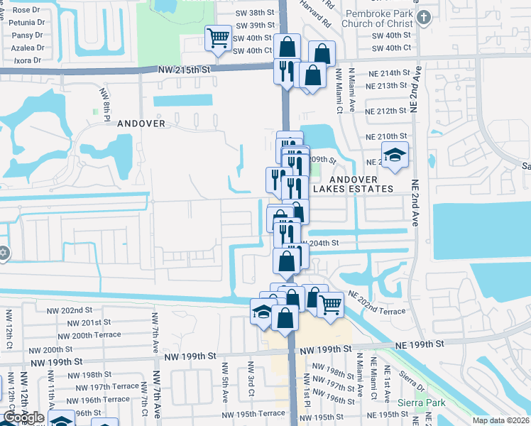 map of restaurants, bars, coffee shops, grocery stores, and more near 20613 Northwest 3rd Avenue in Miami