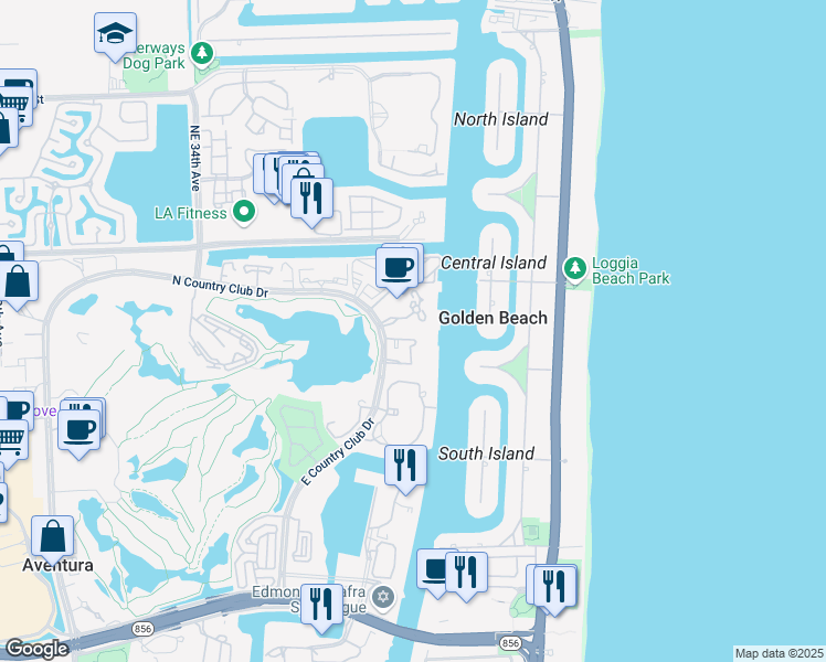 map of restaurants, bars, coffee shops, grocery stores, and more near 20201 East Country Club Drive in Aventura
