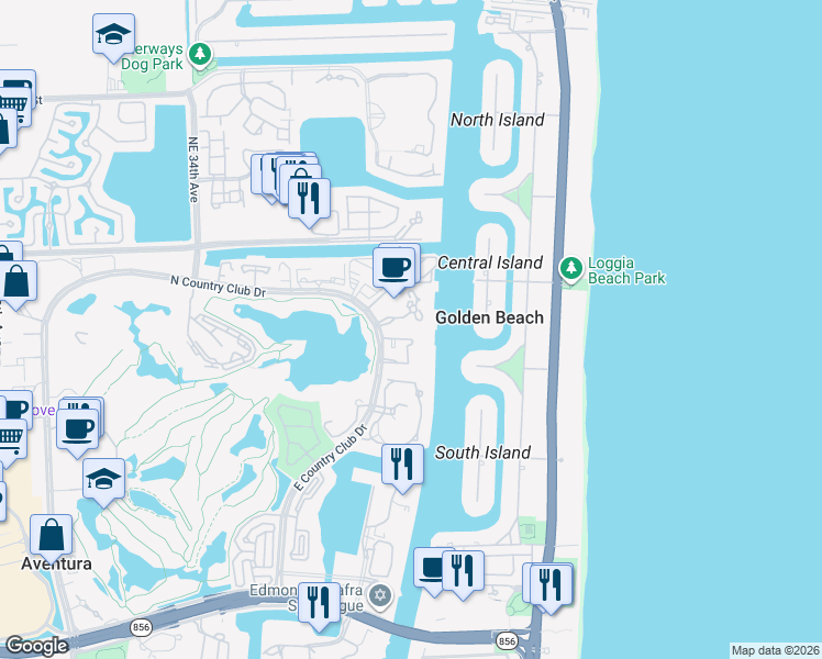 map of restaurants, bars, coffee shops, grocery stores, and more near 20201 East Country Club Drive in Aventura