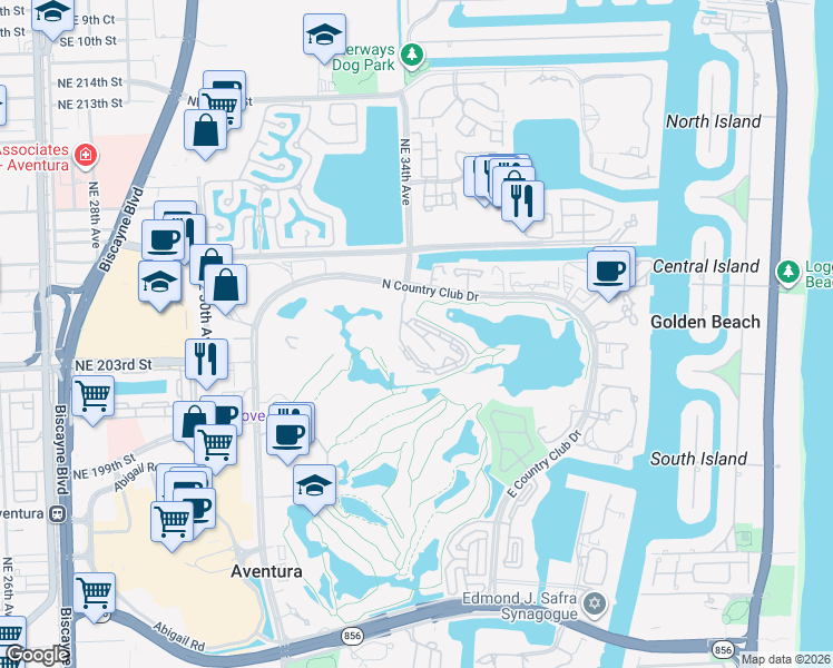 map of restaurants, bars, coffee shops, grocery stores, and more near 20355 Northeast 34th Court in Aventura