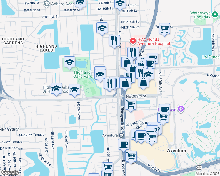 map of restaurants, bars, coffee shops, grocery stores, and more near 2603 Northeast 204th Terrace in Miami