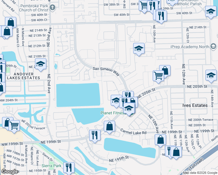 map of restaurants, bars, coffee shops, grocery stores, and more near 20606 Northeast 6th Court in Miami