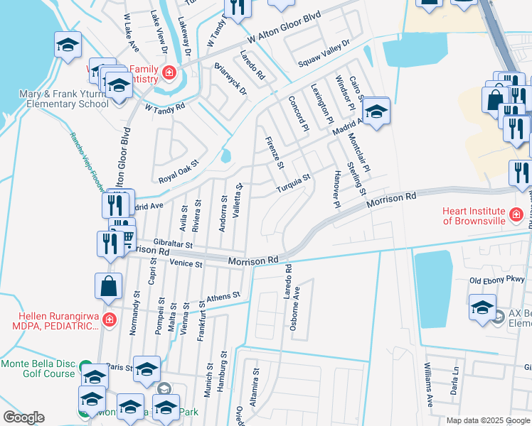 map of restaurants, bars, coffee shops, grocery stores, and more near 3224 Turquia Street in Brownsville
