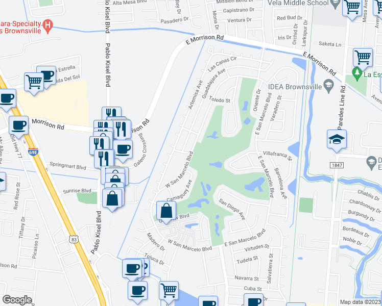 map of restaurants, bars, coffee shops, grocery stores, and more near 1800 West San Marcelo Boulevard in Brownsville