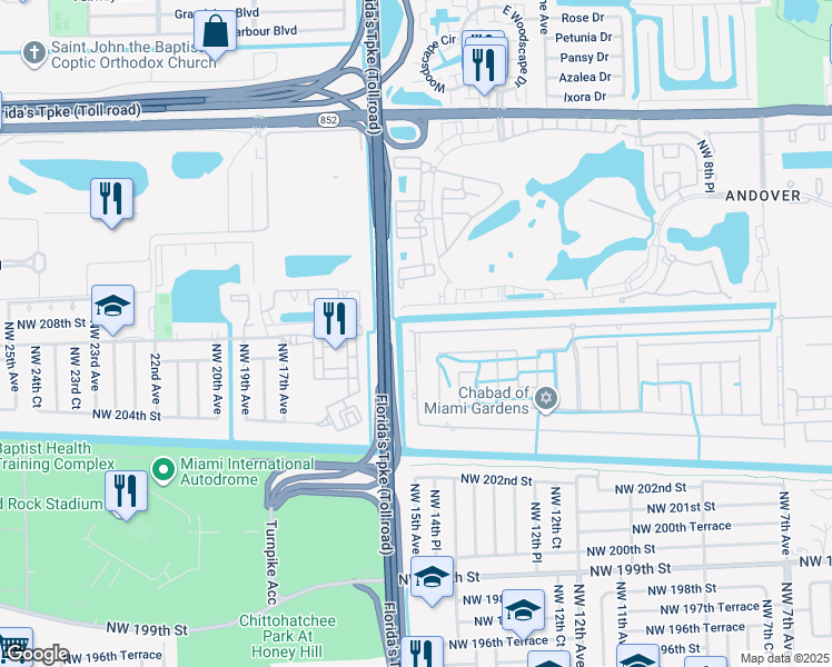 map of restaurants, bars, coffee shops, grocery stores, and more near Northwest 207th Street in Miami Gardens