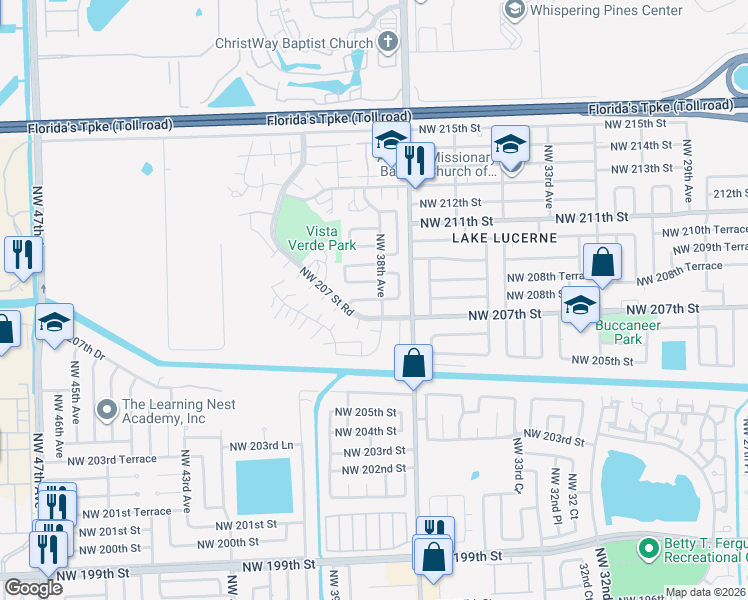 map of restaurants, bars, coffee shops, grocery stores, and more near 20765 Northwest 38th Avenue in Miami Gardens