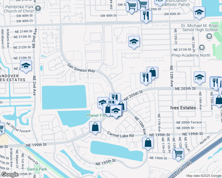 map of restaurants, bars, coffee shops, grocery stores, and more near 799 Northeast 206th Street in North Miami Beach