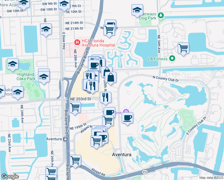map of restaurants, bars, coffee shops, grocery stores, and more near 20301 Northeast 30th Avenue in Aventura