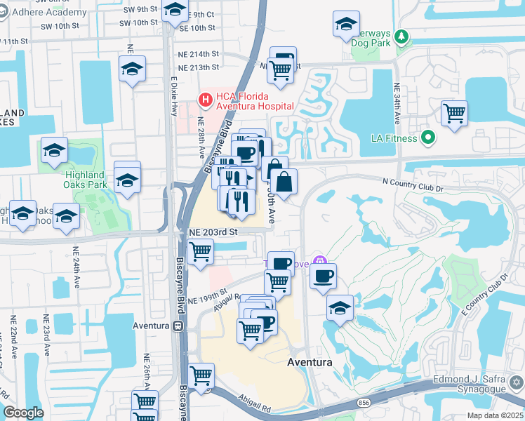 map of restaurants, bars, coffee shops, grocery stores, and more near 20400 Northeast 30th Avenue in Aventura