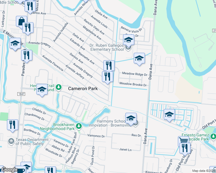 map of restaurants, bars, coffee shops, grocery stores, and more near 2728 Gregory Avenue in Brownsville