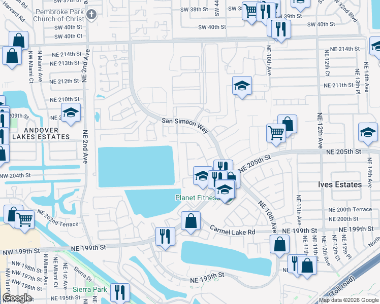 map of restaurants, bars, coffee shops, grocery stores, and more near 20608 Northeast 6th Court in North Miami Beach