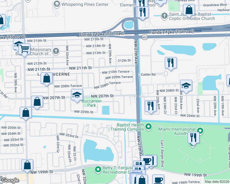 map of restaurants, bars, coffee shops, grocery stores, and more near 2860 Northwest 208th Street in Miami Gardens