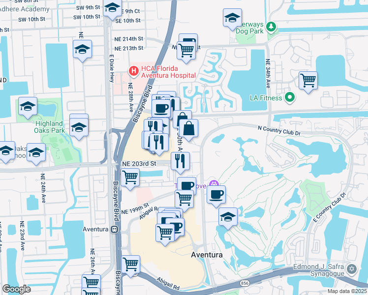 map of restaurants, bars, coffee shops, grocery stores, and more near 20301 Northeast 30th Avenue in Aventura
