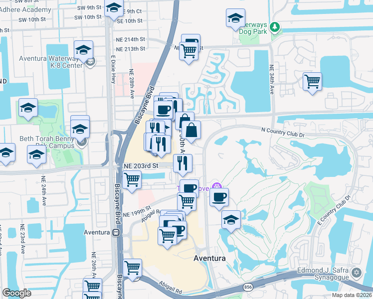 map of restaurants, bars, coffee shops, grocery stores, and more near 20301 Northeast 30th Avenue in Aventura