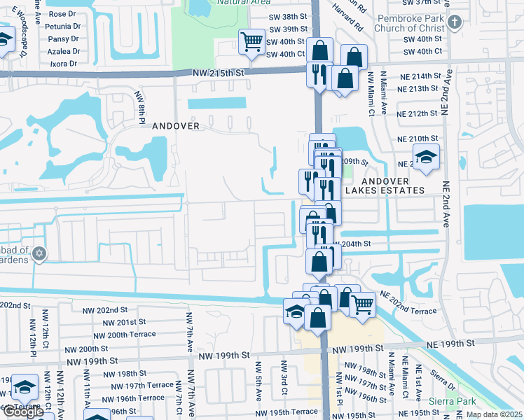 map of restaurants, bars, coffee shops, grocery stores, and more near 351 Northwest 206th Terrace in Miami