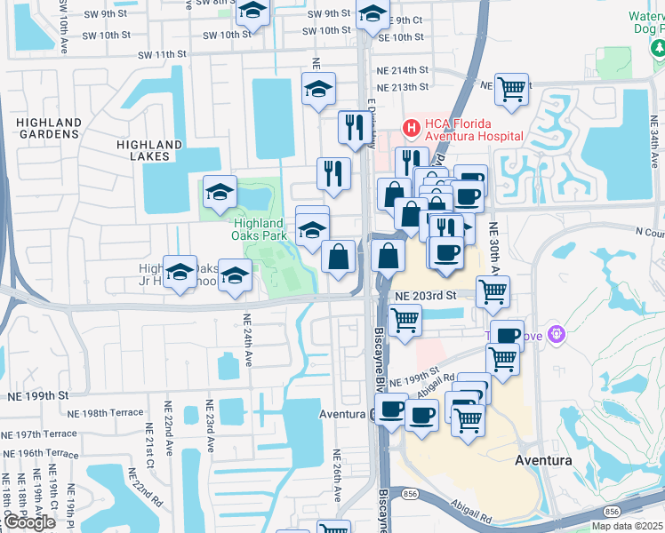map of restaurants, bars, coffee shops, grocery stores, and more near 2603 Northeast 204th Terrace in Miami