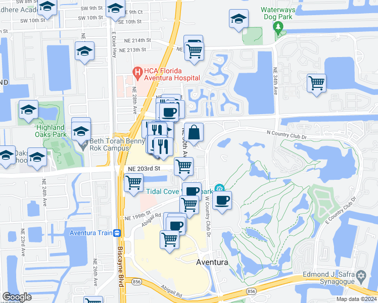 map of restaurants, bars, coffee shops, grocery stores, and more near 20301 Northeast 30th Avenue in Aventura