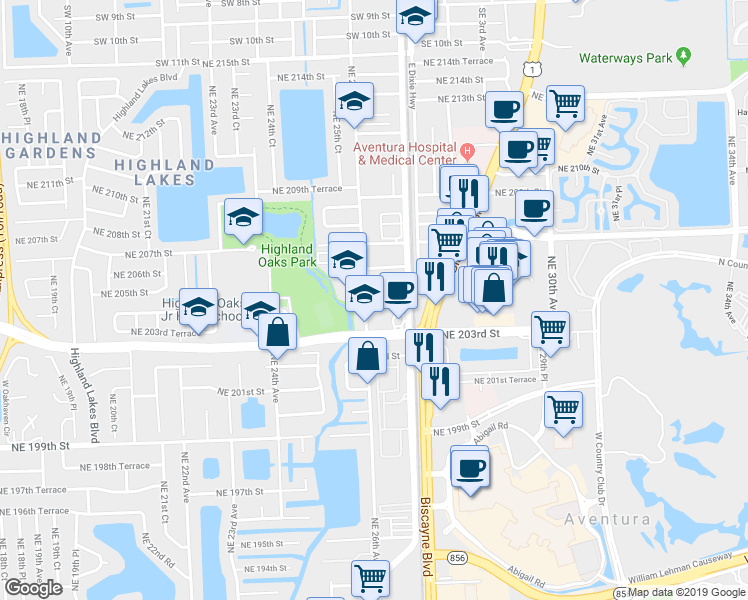 map of restaurants, bars, coffee shops, grocery stores, and more near 2603 Northeast 204th Terrace in Miami