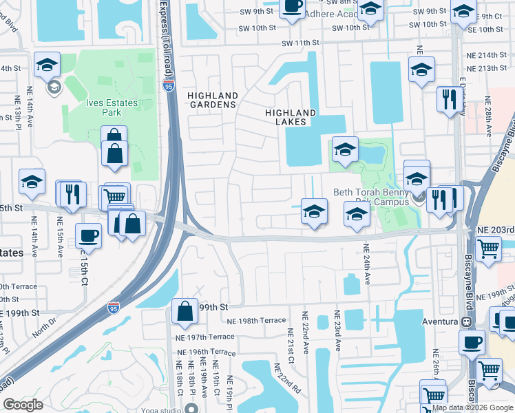 map of restaurants, bars, coffee shops, grocery stores, and more near 2090 Northeast 205th Street in North Miami Beach