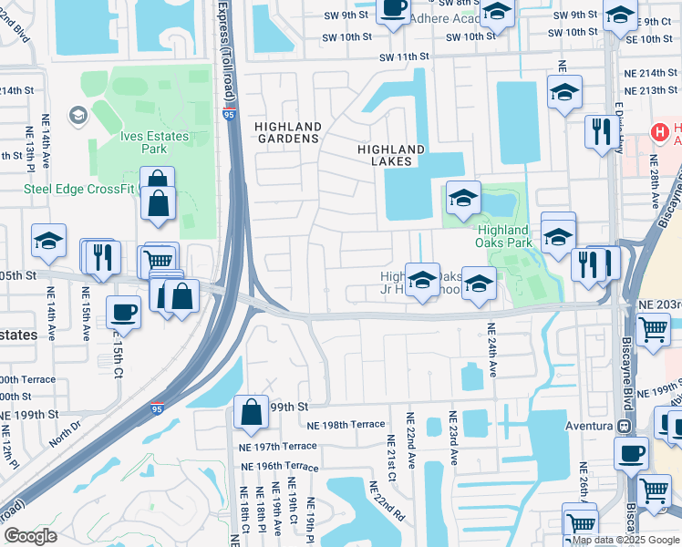map of restaurants, bars, coffee shops, grocery stores, and more near 2090 Northeast 205th Street in North Miami Beach