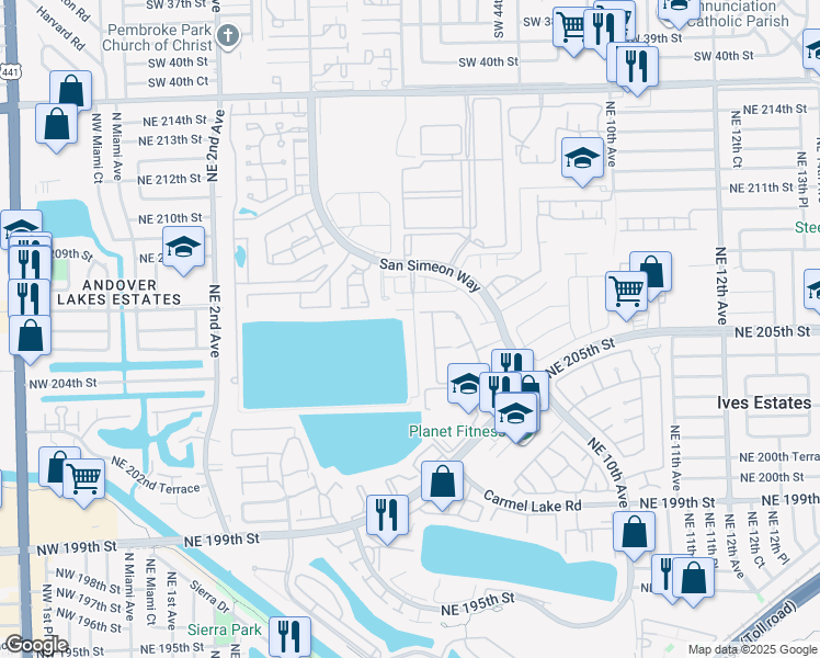 map of restaurants, bars, coffee shops, grocery stores, and more near 20606 Northeast 6th Court in Miami