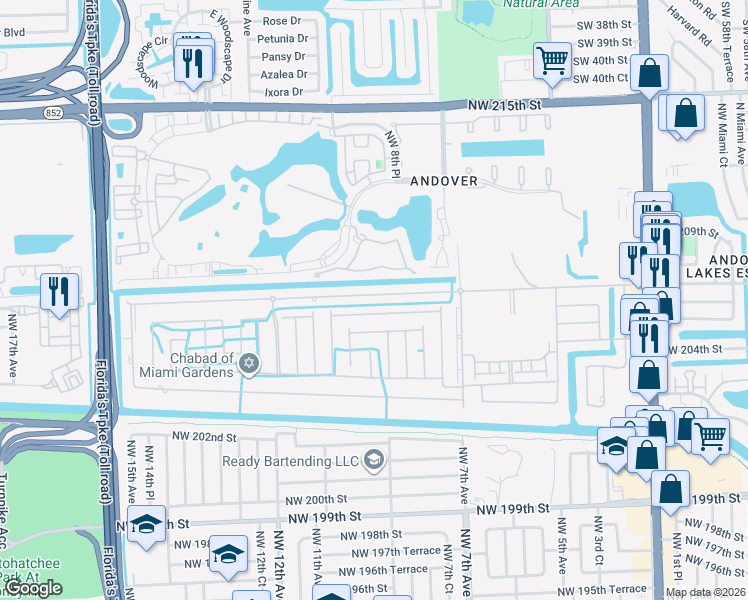 map of restaurants, bars, coffee shops, grocery stores, and more near 890 Northwest 207th Street in Miami