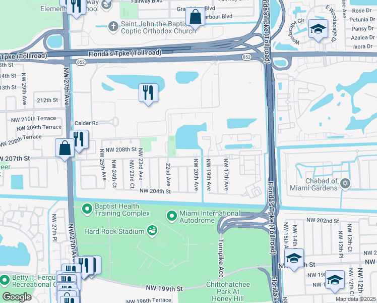 map of restaurants, bars, coffee shops, grocery stores, and more near 2051 Northwest 207th Street in Miami Gardens