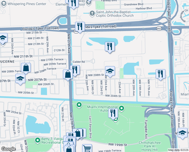 map of restaurants, bars, coffee shops, grocery stores, and more near 2410 Northwest 208th Street in Miami Gardens