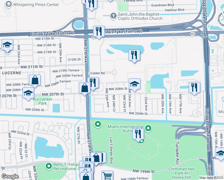 map of restaurants, bars, coffee shops, grocery stores, and more near 2410 Northwest 208th Street in Miami Gardens