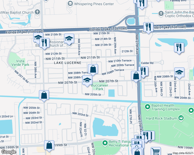 map of restaurants, bars, coffee shops, grocery stores, and more near 3061 Northwest 207th Terrace in Miami Gardens