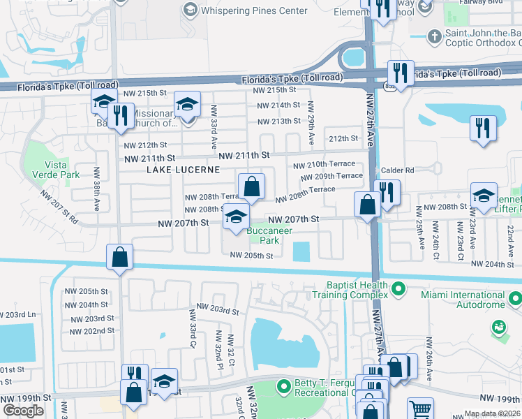 map of restaurants, bars, coffee shops, grocery stores, and more near 3061 Northwest 207th Terrace in Miami Gardens