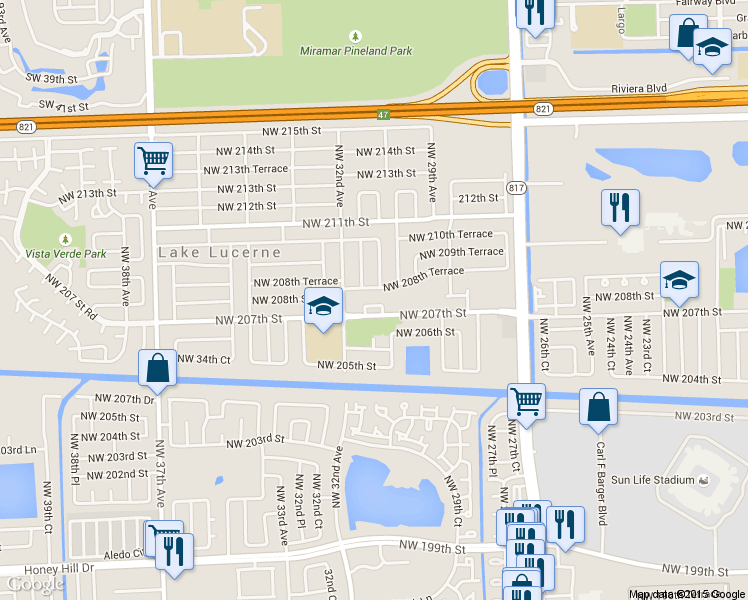 map of restaurants, bars, coffee shops, grocery stores, and more near 3061 Northwest 207th Terrace in Miami Gardens