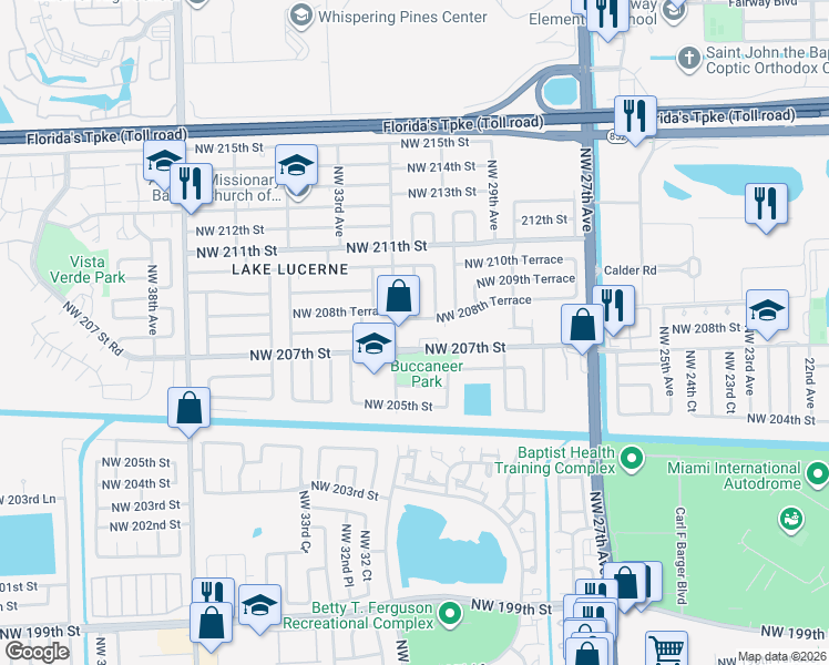 map of restaurants, bars, coffee shops, grocery stores, and more near 3061 Northwest 207th Terrace in Miami Gardens