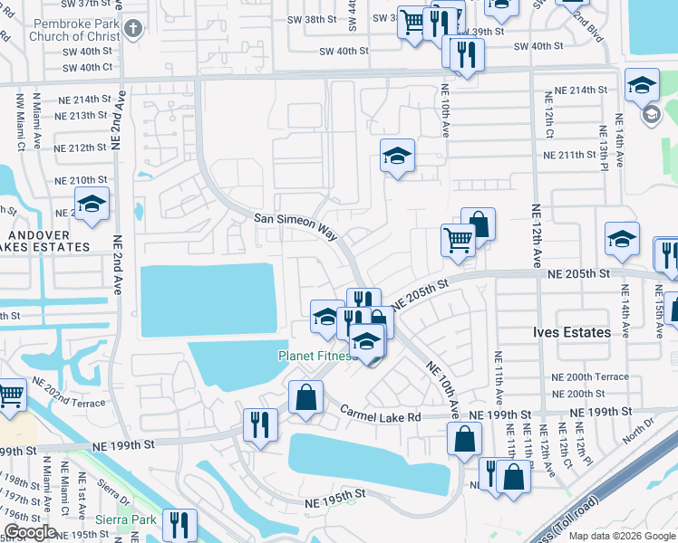 map of restaurants, bars, coffee shops, grocery stores, and more near 799 Northeast 206th Street in North Miami Beach
