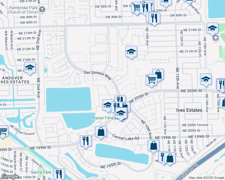 map of restaurants, bars, coffee shops, grocery stores, and more near 799 Northeast 206th Street in North Miami Beach
