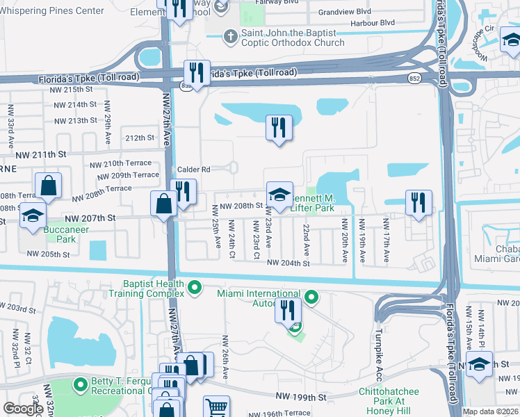 map of restaurants, bars, coffee shops, grocery stores, and more near 2310 Northwest 208th Street in Miami Gardens