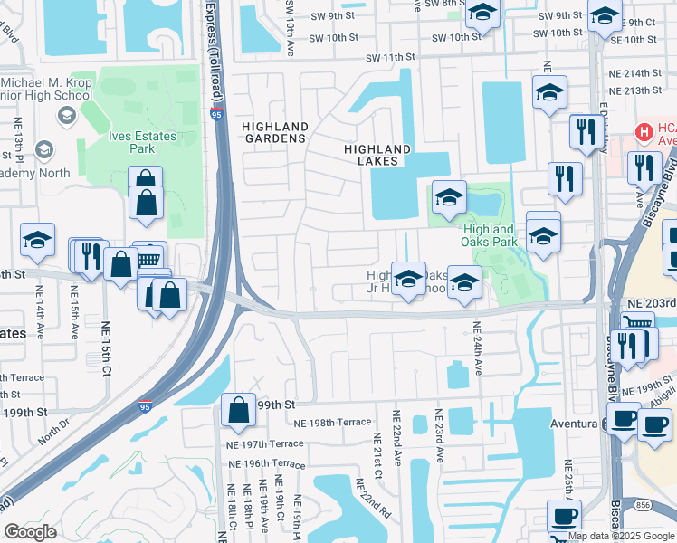 map of restaurants, bars, coffee shops, grocery stores, and more near 2090 Northeast 205th Street in North Miami Beach